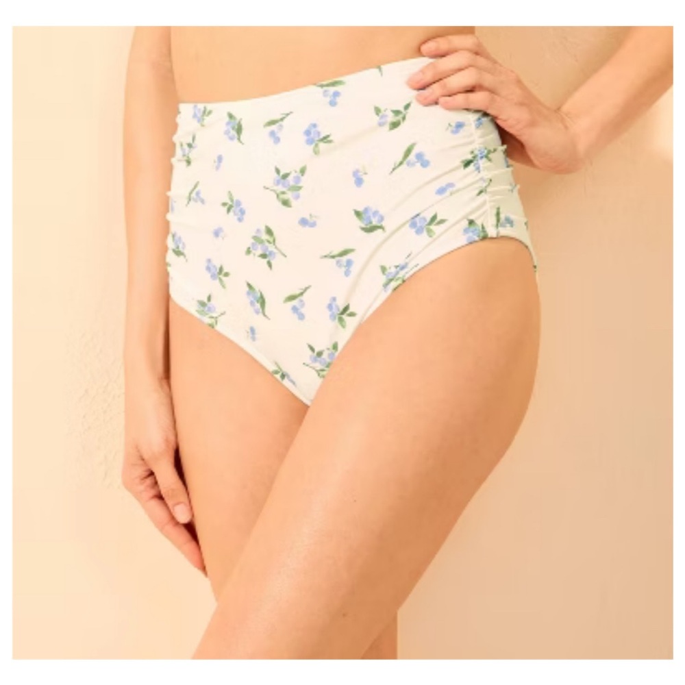Shade & Shore Floral Shirred High-Waisted Bikini Bottoms (Small)